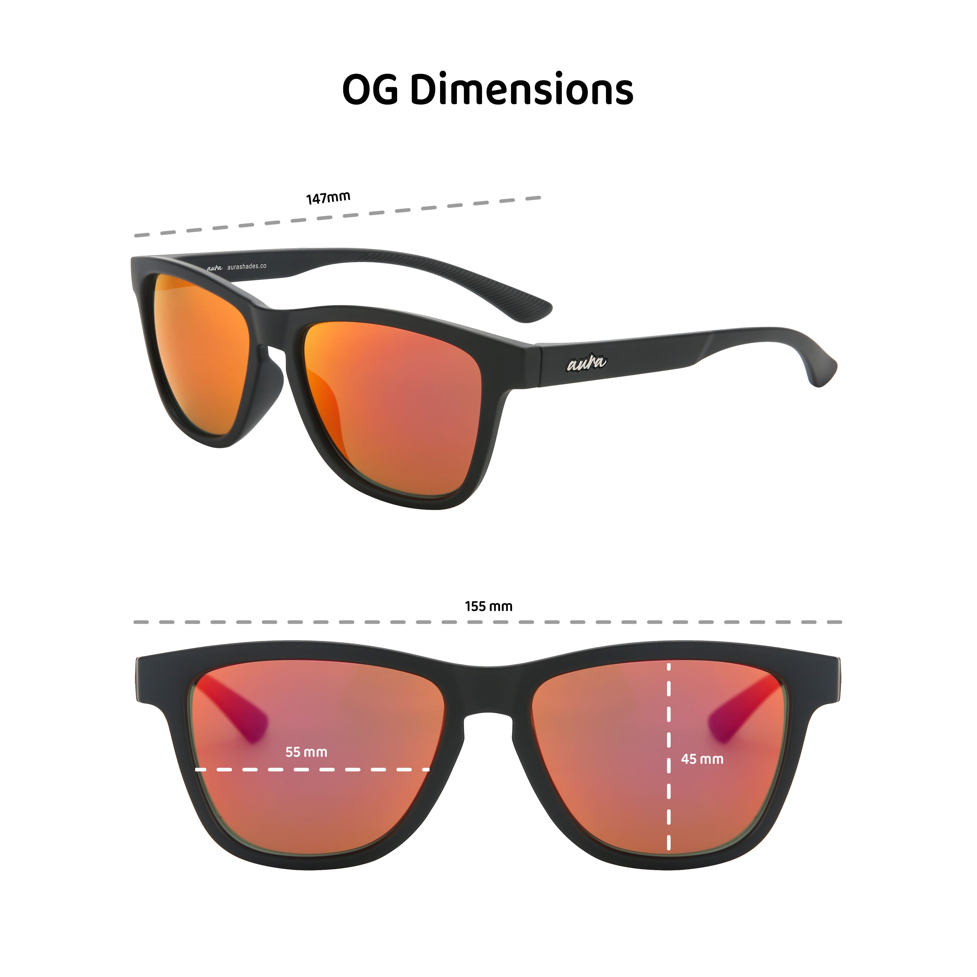 Black sunglasses with orange lenses, shown with detailed measurements in millimeters.
