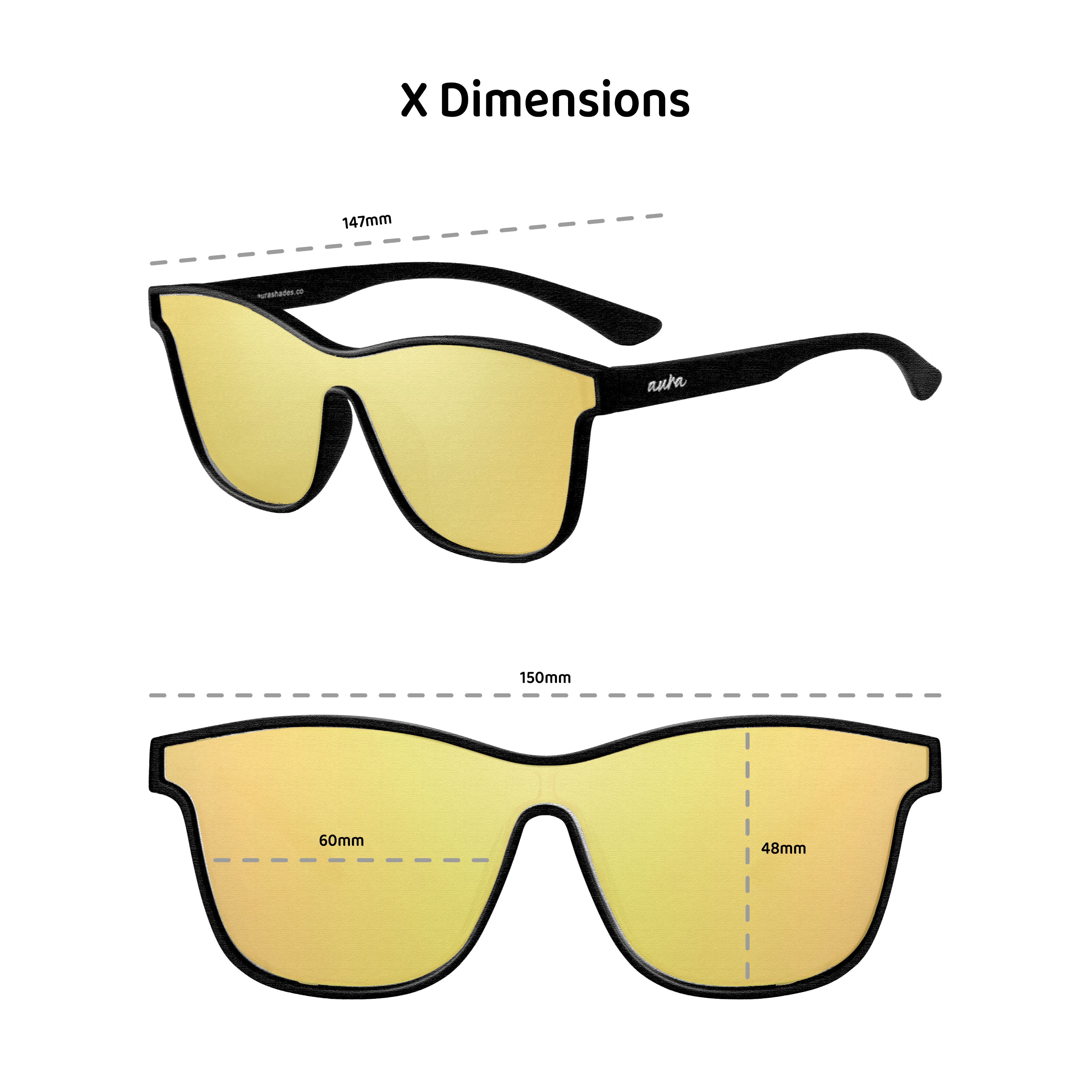 Polarized yellow sunglasses with black frame, key dimensions labeled in millimeters
