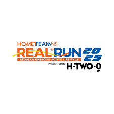 HomeTeamNS Real Run 2025 event logo with sponsor H-TWO-O, vibrant text on white background
