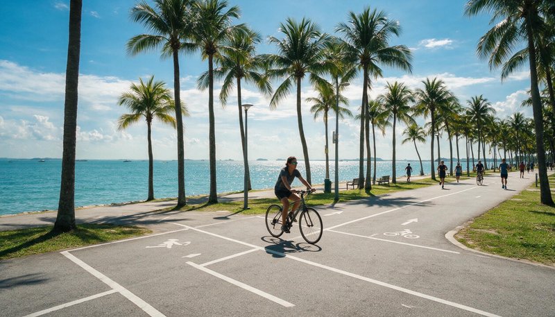 Cyclists riding along the coastal path at East Coast Park, Singapore, wearing sport sunglasses