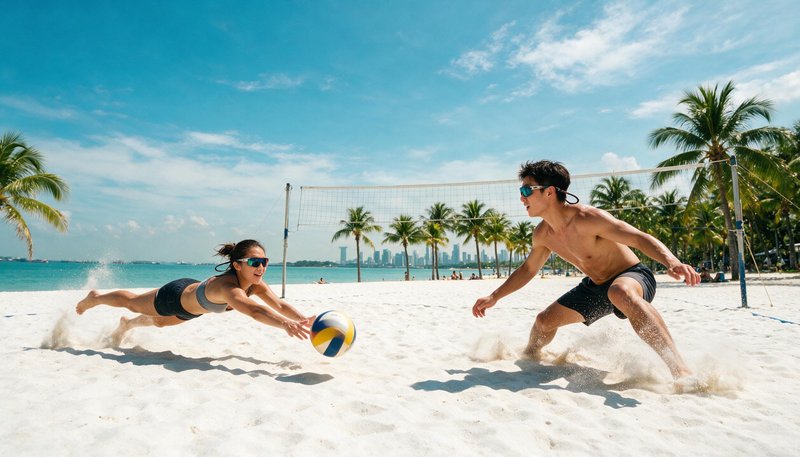 Beach volleyball players diving for the ball wearing wraparound sport sunglasses on a sunny beach