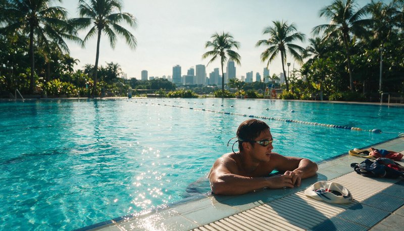 Water polo player resting on the pool deck wearing sport sunglasses between sets