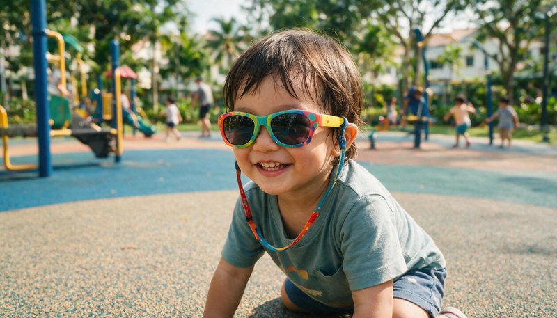 Child wearing colourful kids' sunglasses with a safety strap playing outdoors
