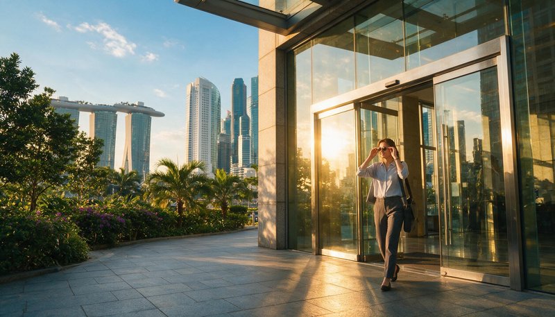 Professional walking out of an office building putting on sunglasses in Singapore's CBD