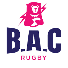 Pink bear holding a rugby ball above bold B.A.C text, with RUGBY in pink below, on white background.