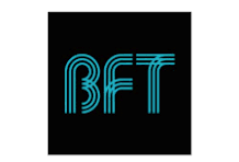 BFT neon blue modern outlined text on black background, minimalist logo style
