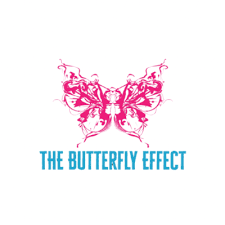 Pink artistic butterfly illustration with text 'The Butterfly Effect' below on white background.