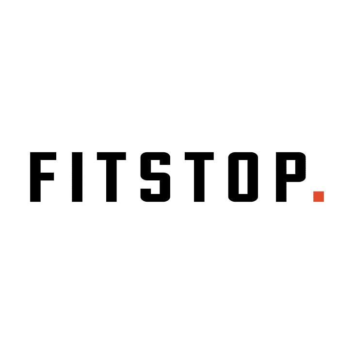 Minimalist FITSTOP logo with bold black text and a small red period on white background
