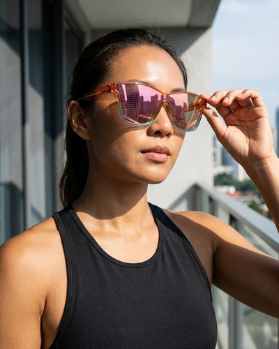 Woman wearing pink mirrored sunglasses with colorful frames on a balcony with a cityscape background