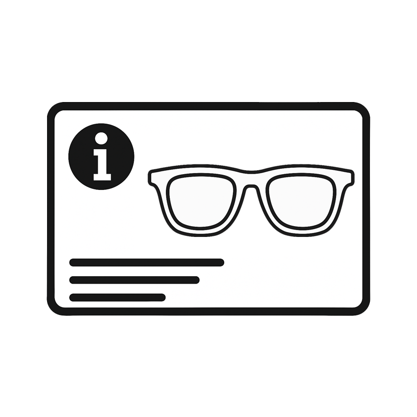 Sunglasses info card icon with information symbol, glasses outline, and black frame