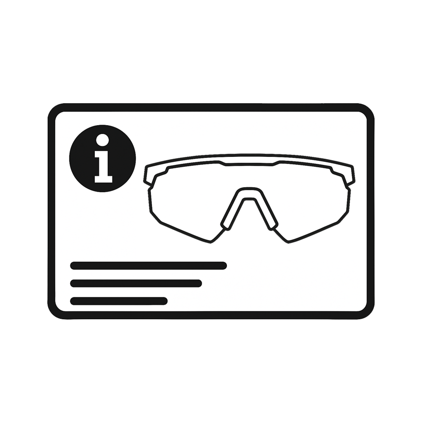 Sunglasses care card icon with bold info symbol and shield-shaped lens design