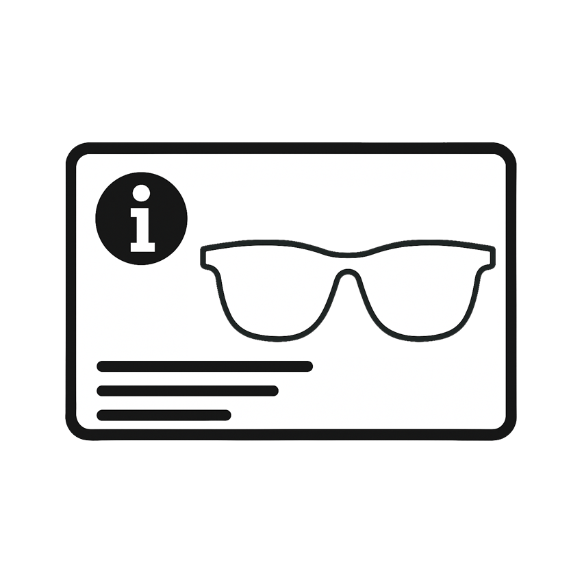 Sunglasses care card icon with info symbol, suitable for polarized UV protection eyewear.