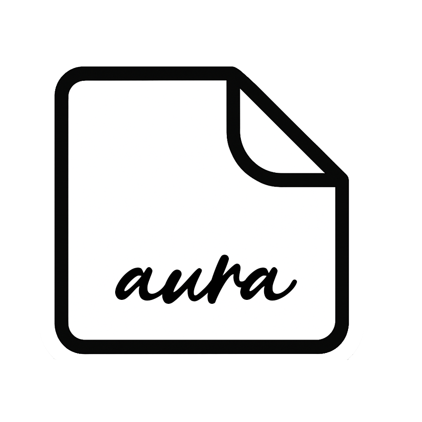 Minimalist sticker icon with a paper outline and 'aura' text in bold script